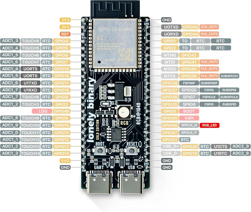 LONELY BINARY مجموعة ESP32-S3 N16R8 الذهبية 3 حزمة مع 16MB فلاش، 8MB PSRAM، لوحات توسيع، أطراف، كابل بيانات ودروس تعليمية - تشطيب ذهبي خالي من الرصاص متوافق مع Arduino IDE و MicroPython - Image 2